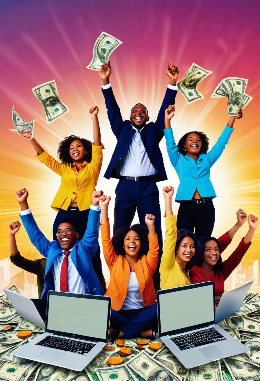 A vibrant image depicting a diverse group of people joyfully celebrating financial success, surrounded by symbols of money like coins and currency notes, with a backdrop of a rising sun symbolizing new opportunities. Include elements like laptops and smartphones showcasing graphs and charts depicting growth. The atmosphere is energetic and inspiring, signifying hope and freedom. super-realistic. vibrant colors.
