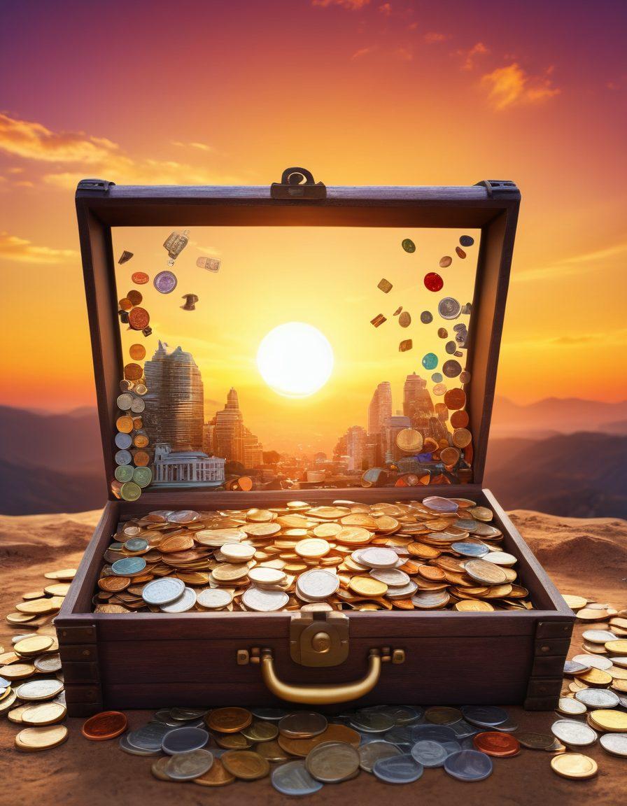 A journey from cluttered coins and bills to a flourishing digital landscape, showcasing various income streams like e-commerce, freelancing, and digital products. The background features a vibrant sunrise symbolizing new beginnings and prosperity, while a diverse group of people from different cultures engages in online activities. Include elements of technology like laptops and smartphones, and a symbolic key unlocking a treasure chest filled with opportunities. vibrant colors. 3D. digital art.