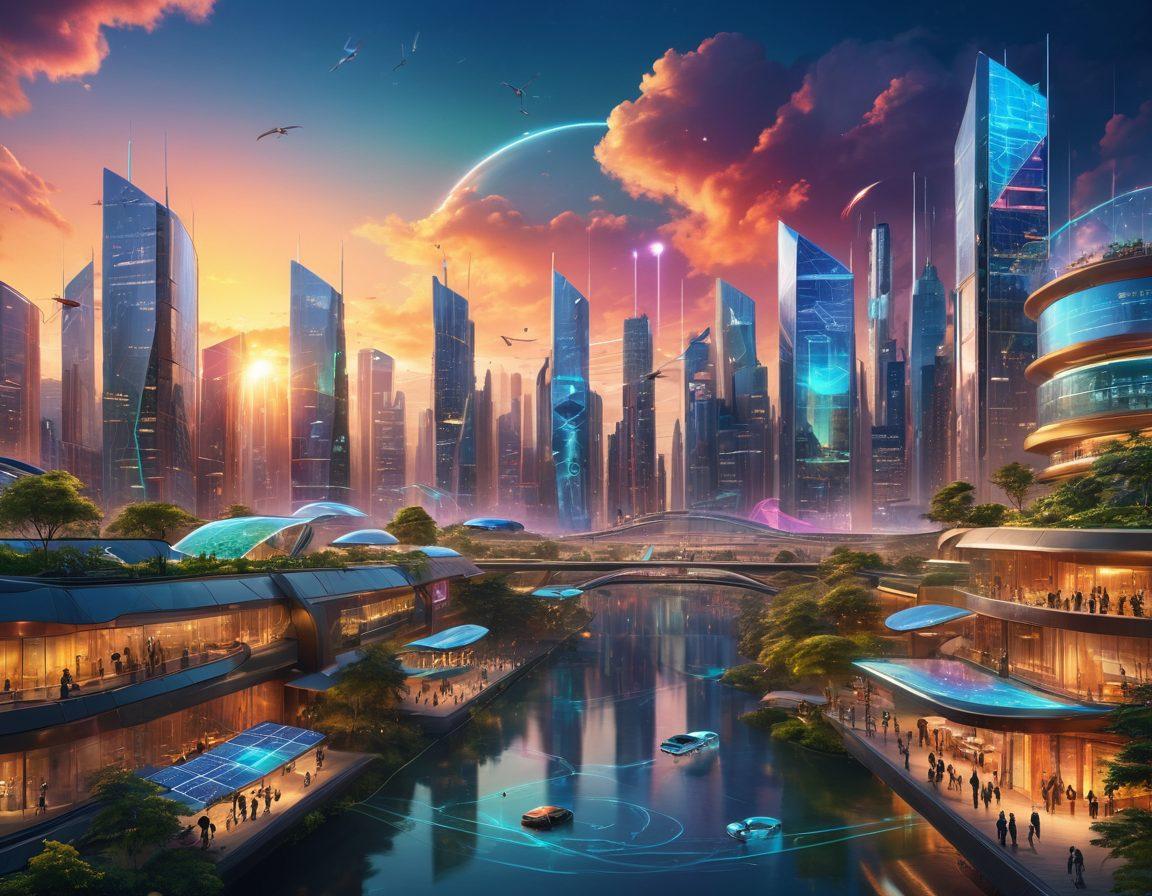 A dynamic scene depicting a futuristic cityscape where digital transactions flourish, featuring people using holographic devices to manage their finances and investments. Eco-friendly buildings intertwine with nature, showcasing greenery and solar panels, while glowing charts and graphs hover in the air, representing wealth growth. The sky is filled with vibrant colors, symbolizing innovation and prosperity. Illustrate a sense of community and collaboration in wealth creation. super-realistic. vibrant colors. cyberpunk.